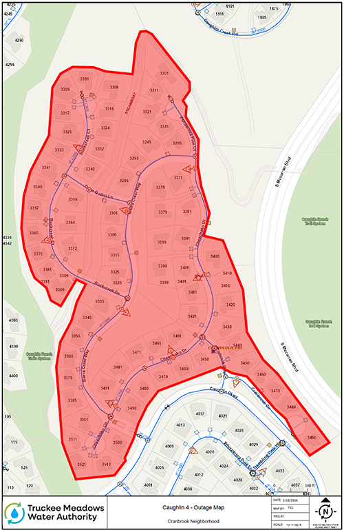 Image showing a map of the area that will undergo a temporary water service shutdown. This will be the Cranbrook Neighborhood and is scheduled for March 26, 2006.
