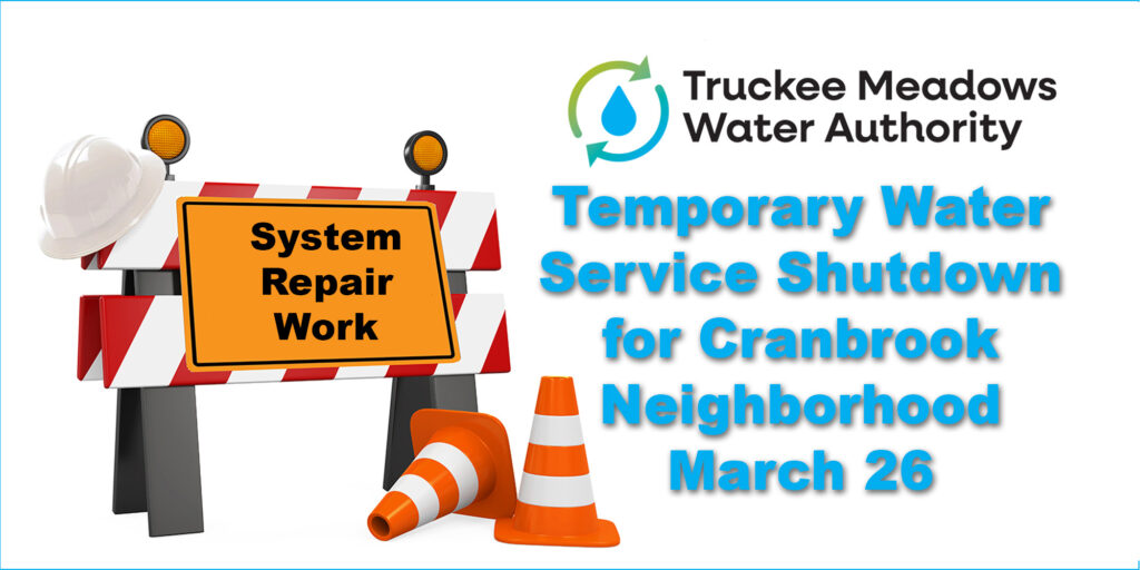 Image showing a construction barrier and cones, announcing a Temporary water service shutdown for the Cranbrook Neighborhood scheduled for March 26, 2026.